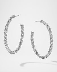 Sculpted Cable Flex Hoop Earrings with Diamonds in 18K White Gold, 1.75"