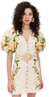 FARM Rio Puff Sleeves Mini Dress Garden Cascade Sand S