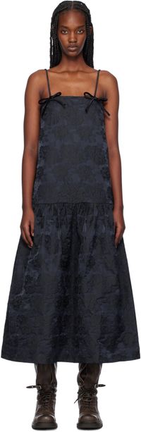 GANNI Navy Botanical Jacquard Strap Midi Dress