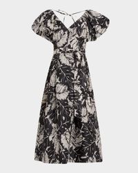Pleated Botanical-Print Midi Dress