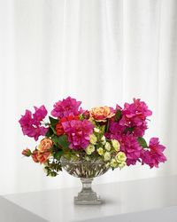 Bougainvillea Rose Faux Floral Arrangement in Glass Vase, 18"