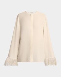 Button Down Crepe De Chine Top with Lace Sleeves