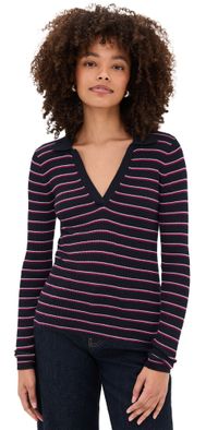 Madewell Merino Silk Johnny Collar Long Sleeve Top Navy/Fuchsia/Ivory Stripe XL