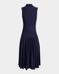 High-Neck Pleated Knit Midi Dress