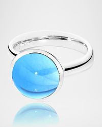 Bouton 11mm Swiss Blue Topaz Cabochon Ring in 18k White Gold, Size 7