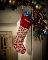 Red Stocking with Gold Sequins & Gems, Personalizable