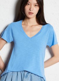 American Vintage - Tee-shirt droit Col V en coton mélangé - Taille L - Bleu