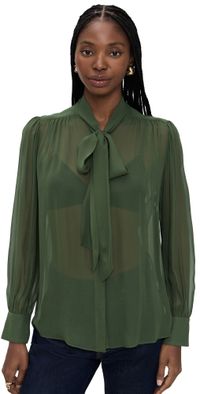 alice + olivia Thayer Tie Neck Slouchy Blouse Dark Olive XL