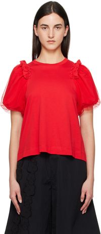 Simone Rocha Red Tulle Overlay Puff Sleeve Frill T-shirt
