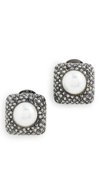 Kenneth Jay Lane Pearl Ball Center Square Clip Earrings Gunmetal/White Pearl One Size