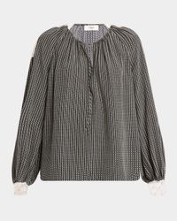 Micro Check Silk Long-Sleeve Blouse