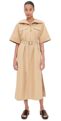 GANNI Classic Summer Suiting Cowl Neck Long Dress Pale Khaki 34