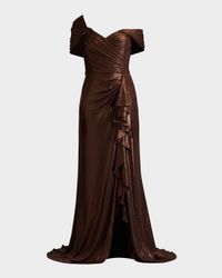 Pleated One-Shoulder Metallic Gown