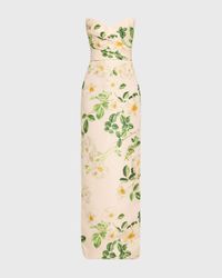 Floral-Print Draped Strapless Gown