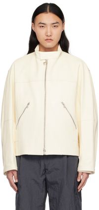Solid Homme White Band Collar Leather Jacket