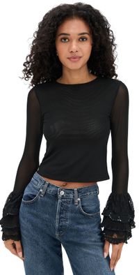 alice + olivia Delaina Crop Top with Ruffle Cuffs Black XL