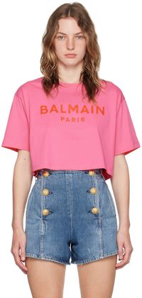 Balmain T-shirt écourté rose à logo