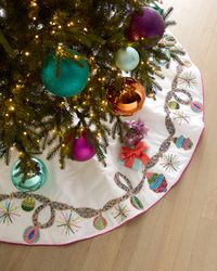 Hand-Beaded Holly Jolly Christmas Tree Skirt, 64"