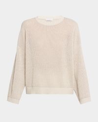 Metallic Openwork Cotton Rib Crewneck Sweater