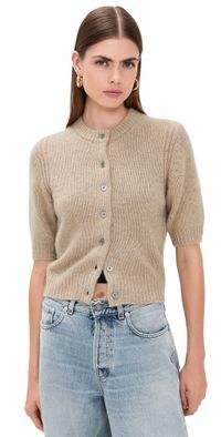 White & Warren Cashmere Elbow Sleeve Cardigan Taupe Heather S