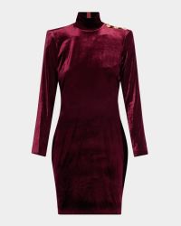 Turtleneck Button-Shoulder Velvet Mini Dress