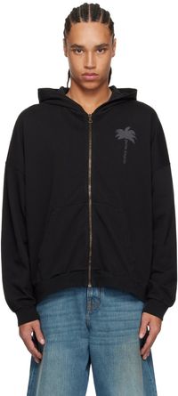 Palm Angels Pull à capuche noir à glissière et à images de palmier