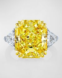 Platinum and 18K Yellow Gold Radiant Cut Yellow Diamond Ring with White Diamond and Shield Sides, Size 6.5, 24.64tcw