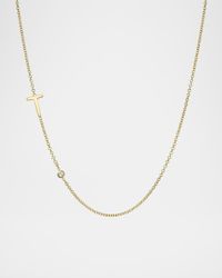 14k Gold Asymmetrical Initial and Bezel Diamond Necklace