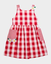 Girl's Gingham-Print Dress W/ Floral Appliqués, Size 2-6