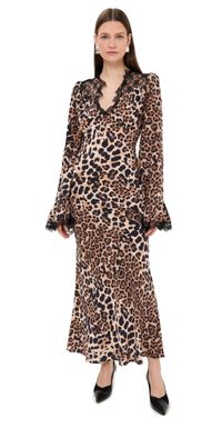 Rodarte Leopard Silk Dress With Bell Sleeves And Black Lace Details Brown 6