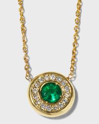 Yellow Gold Emerald Pendant Necklace with Diamond Halo