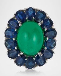 18K White Gold Cabochon Emerald and Blue Sapphire Ring, Size 8