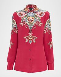 Floral Silk Long-Sleeve Tunic Blouse