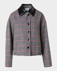 Faux Leather-Collar Glen Check Tweed Jacket