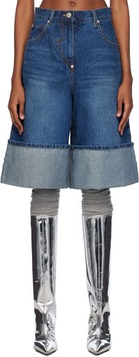 Pushbutton Blue Rolled Cuff Denim Shorts