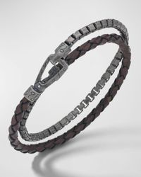 Double Mix Brown Woven Leather and Oxidized Silver Chain Bracelet