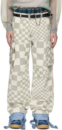 ERL Pantalon cargo gris à motif à carreaux imprimé