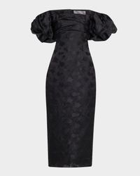 Thelma Off-The-Shoulder Puff-Sleeve Fil Coupe Midi Dress