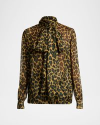 Leopard Silk Chiffon Bow-Neck Blouse