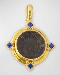 19K Ancient Roman Bronze Coin Pendant with Princess-Cut Blue Sapphires