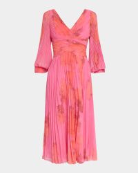 Pleated Abstract-Print Chiffon Midi Dress