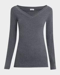 Monili V-Neck Long-Sleeve Cotton Rib Top