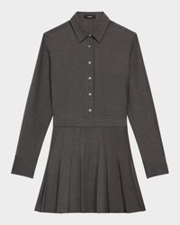 Pleated Wool Suiting Long-Sleeve Mini Shirtdress
