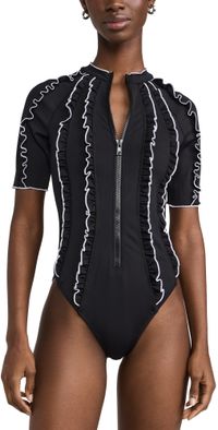 Sea Camille Ruffle Purl Zip Up One Piece Black L