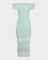 Noel Off-Shoulder Ruched Mesh Midi Dress