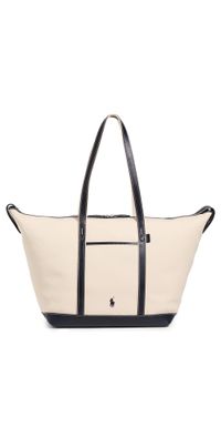 Polo Ralph Lauren Leather Trim Canvas Large Shopper Tote Ecru/Navy One Size