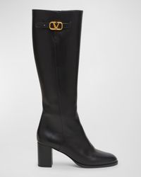 Leather Knee High Boots with V Logo