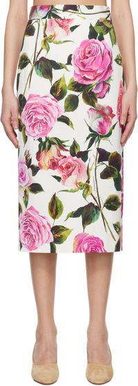 Dolce&Gabbana White Rose Printed Pencil Midi Skirt