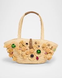 Floral Embellished Raffia Tote Bag