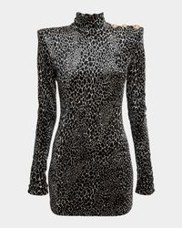 Leopard Velvet Button Strong-Shoulder Mini Dress